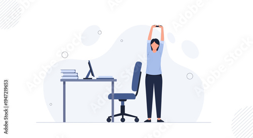 Woman stretching at office desk, healthy work break, ergonomic workspace, computer and books