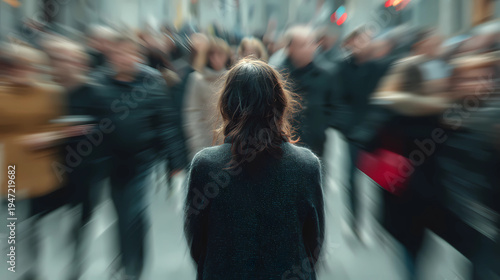 Urban loneliness concept with a person standing still among blurred moving crowds, Generative AI illustrations.
