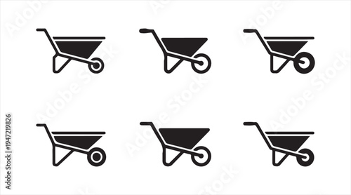 Construction wheelbarrow icon set black silhouette garden transport cart symbols for farming and building work