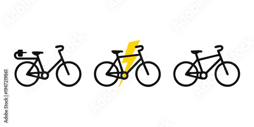 Electric bike icon set showing charging battery with lightning bolt and standard bicycle components