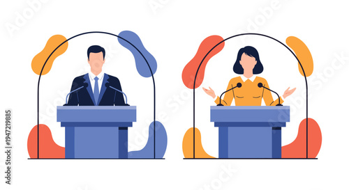Professional man and woman standing behind blue podiums giving a public speech or participating in a formal debate.