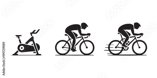 Cyclist silhouette evolution from stationary bike to high speed racing on road for fitness training