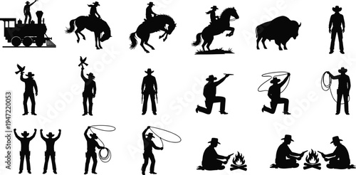 Wild West cowboy silhouette illustration set, horse rider bison steam locomotive campfire artwork, western culture vector drawing concept