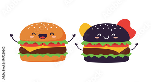 Two cheerful cartoon burgers with cute faces and raised arms, one classic orange and one dark purple for variety.
