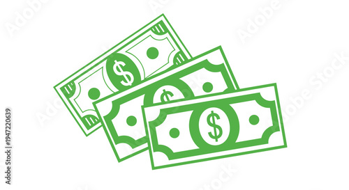 Three green dollar banknotes fanned out on a white background representing cash money wealth and financial transactions.