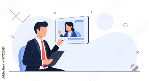 Online Meeting: Man in Suit Video Calls Woman, Business Communication, Remote Work