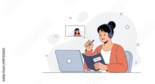 Online Learning: Woman with Headphones Studying Book and Laptop