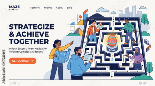 Diverse team strategizing and achieving goals together navigating complex maze with digital tools and map, business success concept vector illustration