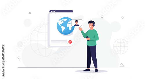 Man on video call with world map, global communication and technology concept