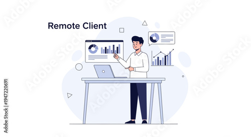 Remote client working with data analytics and charts on laptop and screen