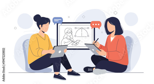 Two women collaborating on a digital design project, discussing ideas with speech bubbles.