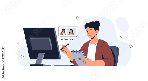 Person taking notes during online meeting, action items on screen