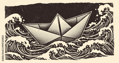 Vintage Halftone Paper Origami Boat Sailing on Stormy Ocean Waves Illustration