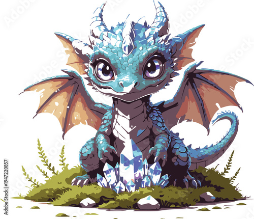 tiny mountain dragon guarding crystal treasure, cute fantasy creature illustration, bold outline vector style, white background 1