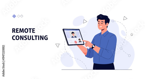 Man doing remote consulting via video call on tablet, online business meeting concept