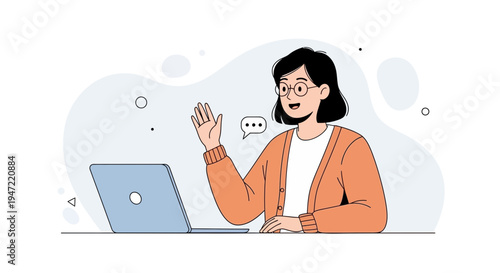 Woman waving hello on video call with laptop, online communication concept