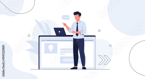 Businessman presenting digital content on laptop and screen, virtual meeting, online presentation