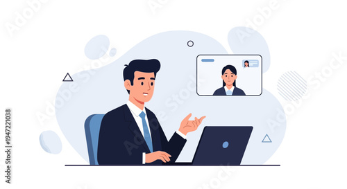 Businessman in video call with colleague on laptop, remote work, online meeting