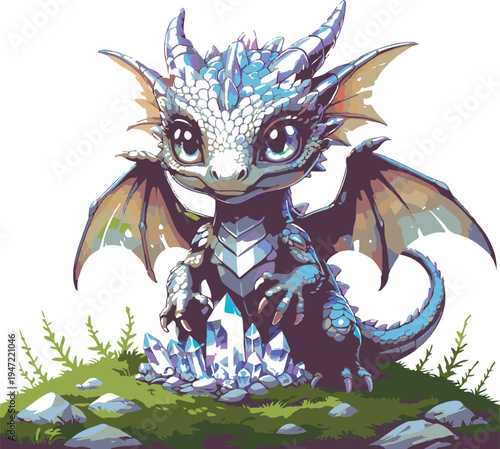tiny mountain dragon guarding crystal treasure, cute fantasy creature illustration, bold outline vector style, white background