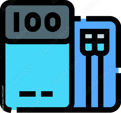 Portable external battery charger providing backup power for mobile devices, showing a full charge capacity and connected cables, symbolizing energy and connectivity