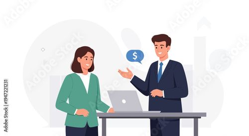 Business meeting: man and woman discussing finances with laptop and dollar sign speech bubble
