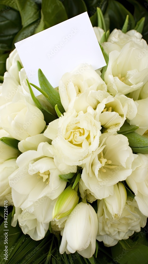 Fototapeta premium Blank greeting card placed on a bouquet of tulips with a background of leaves for special occasions like mothers day or valentines day