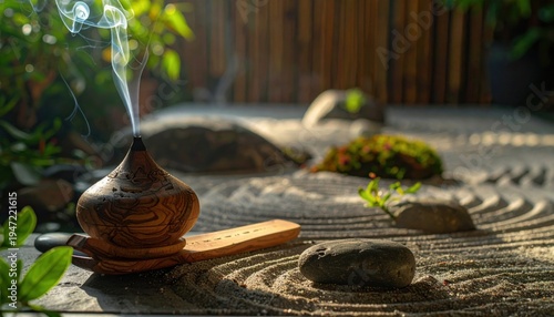 Hand-turned wooden incense holder releasing fragrant smoke in a serene zen garden setting