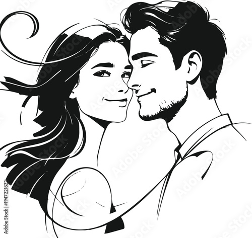  young couple leaning forehead to forehead, minimalist vector illustration, elegant line style, white background