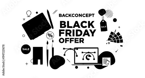 Black Friday sale banner for designers with creative tools and discount promotion vector template