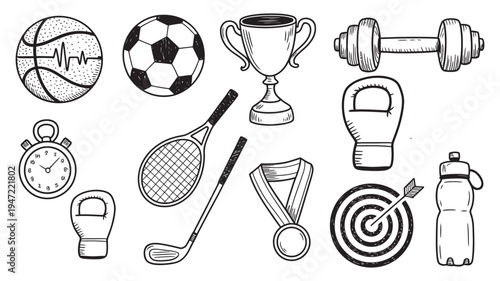Sports equipment doodles set, hand drawn basketball soccer ball trophy dumbbell tennis racket boxing gloves medal, gym fitness branding athletic illustration