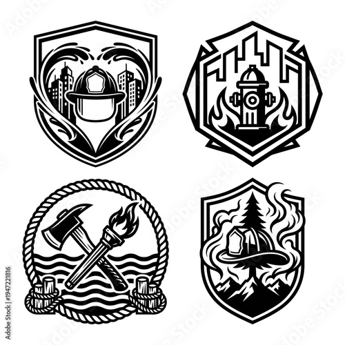 Fire rescue badge icon bundle with helmet axes and torch