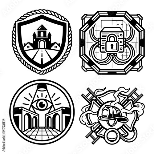 Fire safety security badge icon bundle with shield and hydrant