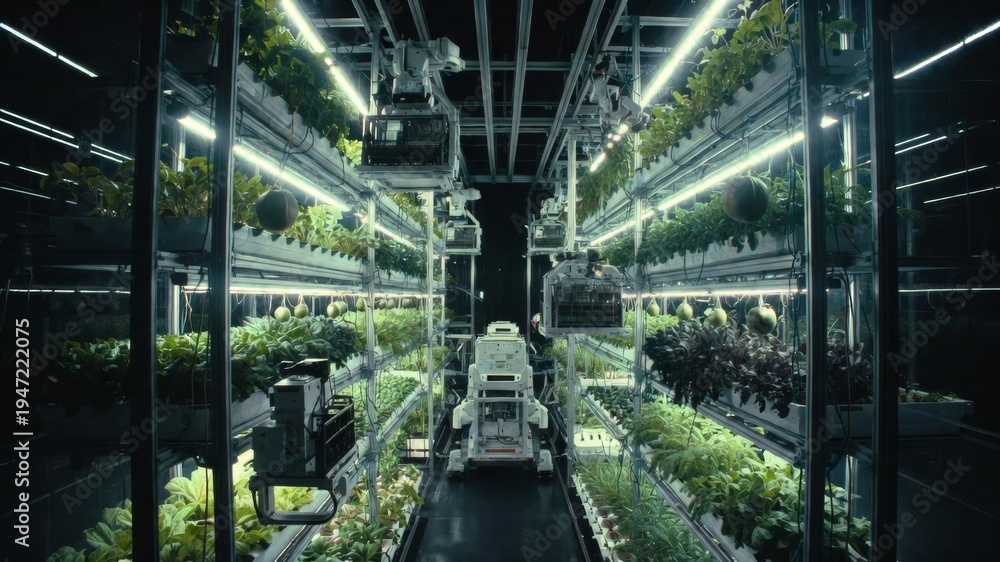 Fototapeta premium Automated Indoor Vertical Farming with Robotics and LED Lighting Technology