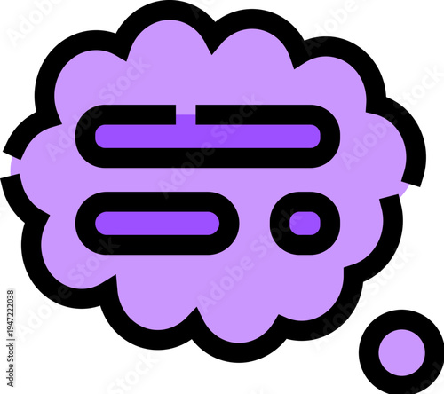 Purple thought bubble icon presenting ideas, memories, or internal monologue, symbolizing thinking, communication, and information processing within the mind