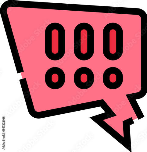 Pink chat bubble showing six exclamation mark symbols, representing communication, urgent message, notification, important information, or emergency alert in a digital context