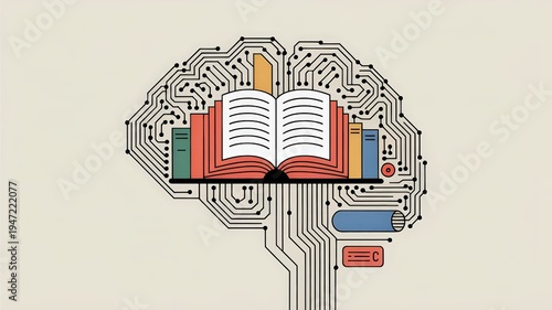 Open book and circuit board forming a human brain symbolizing knowledge and technology integration