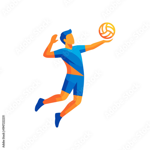 Volleyball player jumping to hit the ball in a dynamic pose with a bright yellow and orange ball