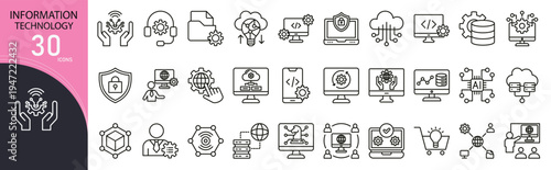 Information technology related icon collections. Containing computer, network, server, cloud, data, software, hardware, security, database, and support icons. Outline icons.