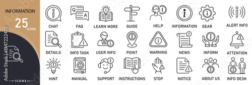 Information-related icon collections. Containing data, info, document, help, knowledge, support, search, FAQ, analysis, and report icons. Outline icons.