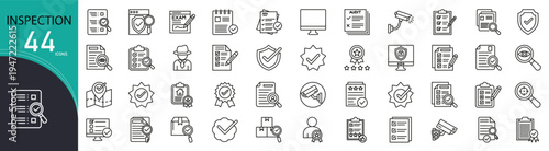 Inspection related icon collections. Containing checklist, magnifying glass, report, audit, safety, quality, review, compliance, document, and search icons. Outline icons.
