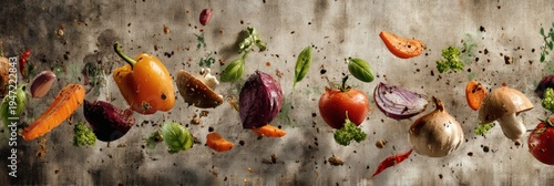 Levitating Fresh Vegetables and Herbs on Rustic Fabric Background