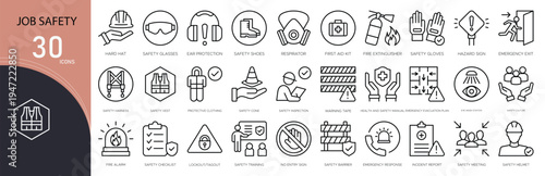 Job safety related icon collections. Containing helmet, warning, protection, hazard, gloves, shield, compliance, first aid, alert, and secure icons. Outline icons.