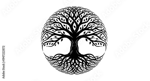 Minimal tree of life silhouette vector icon with roots and branches spiritual nature symbol