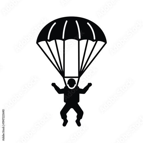Skydiver icon descending with a parachute minimalist silhouette black and white graphic
