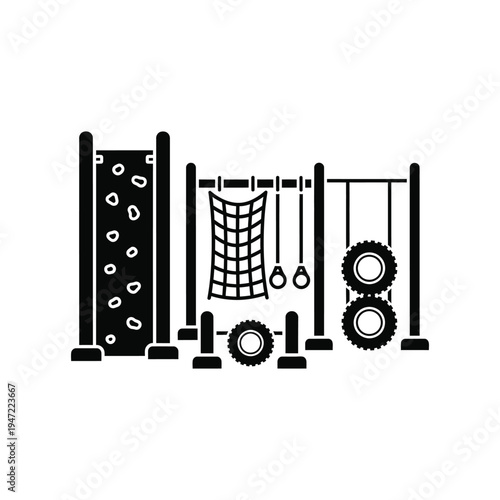 Obstacle course equipment silhouette for outdoor fitness training and playground activities