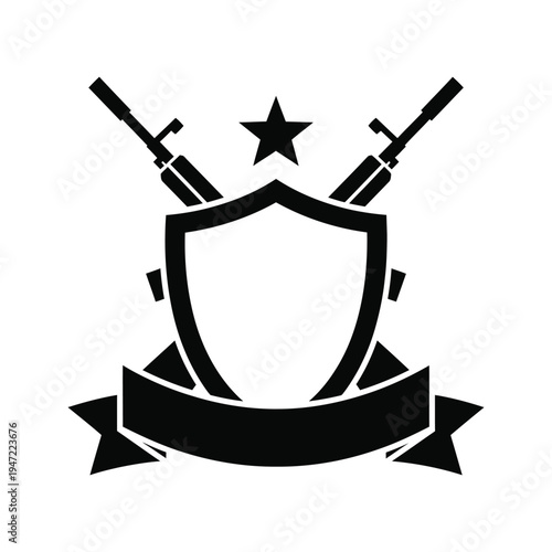 Military emblem with shield and crossed assault rifles silhouette vector icon for tactical security logo
