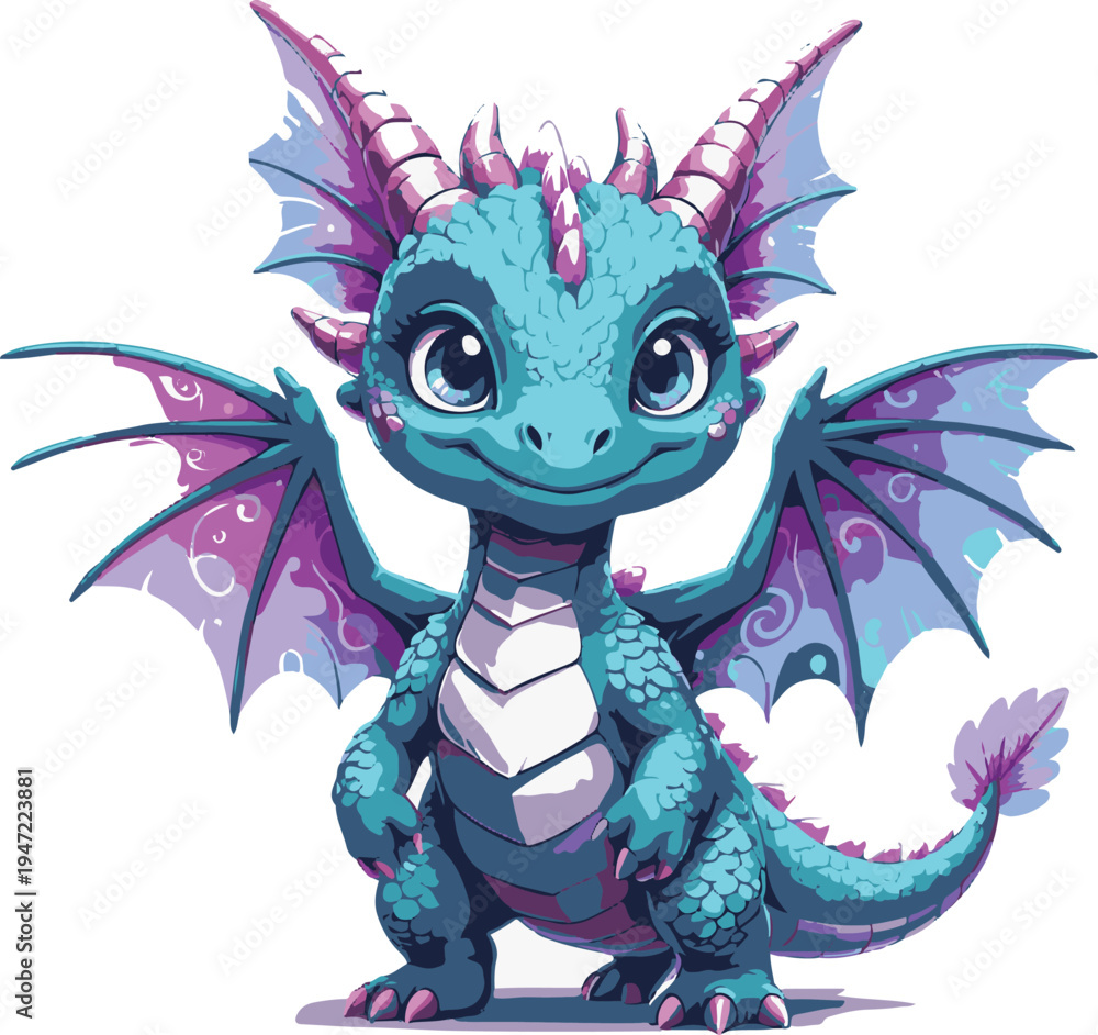 Fototapeta premium tiny magical dragon standing with wings open, friendly cartoon creature mascot, clean adobe illustrator vector illustration, white background 1