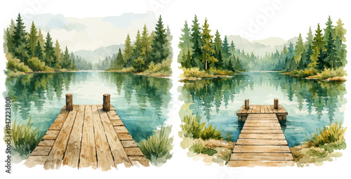 A watercolor collection of forest lakes with wooden docks for nature landscape designs, travel illustrations, cabin decor, and outdoor scenery artwork.