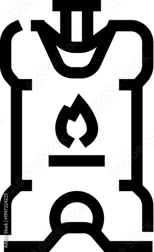 Gas fuel container with a burning flame symbol, illustrating concepts of energy, power, heat, hazard, and flammable materials in an isolated line art style