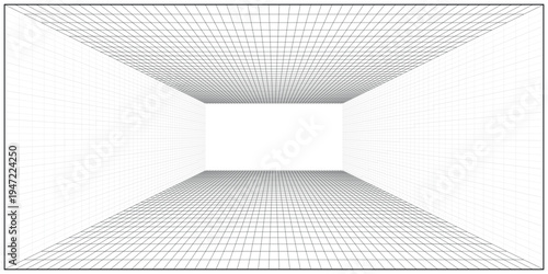 Perspective grid background 3d Vector illustration. Interior design Model projection background template. Line one point perspective